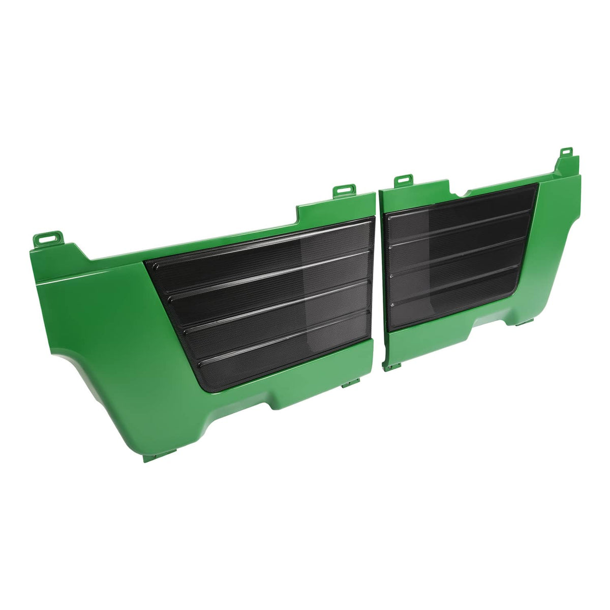 Green side panel screen grille set with two black louvered inserts, front angled view