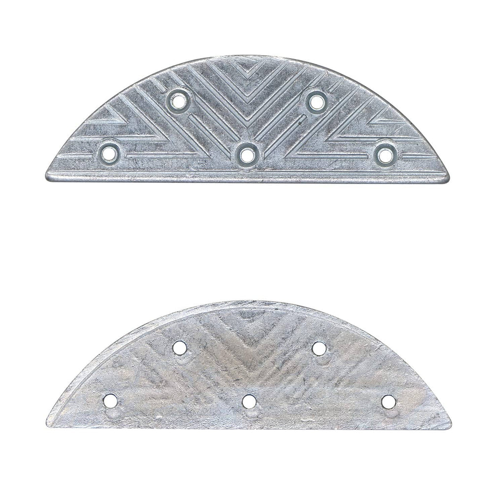 Metal half-heel plate with embossed pattern and screw holes for shoe repair