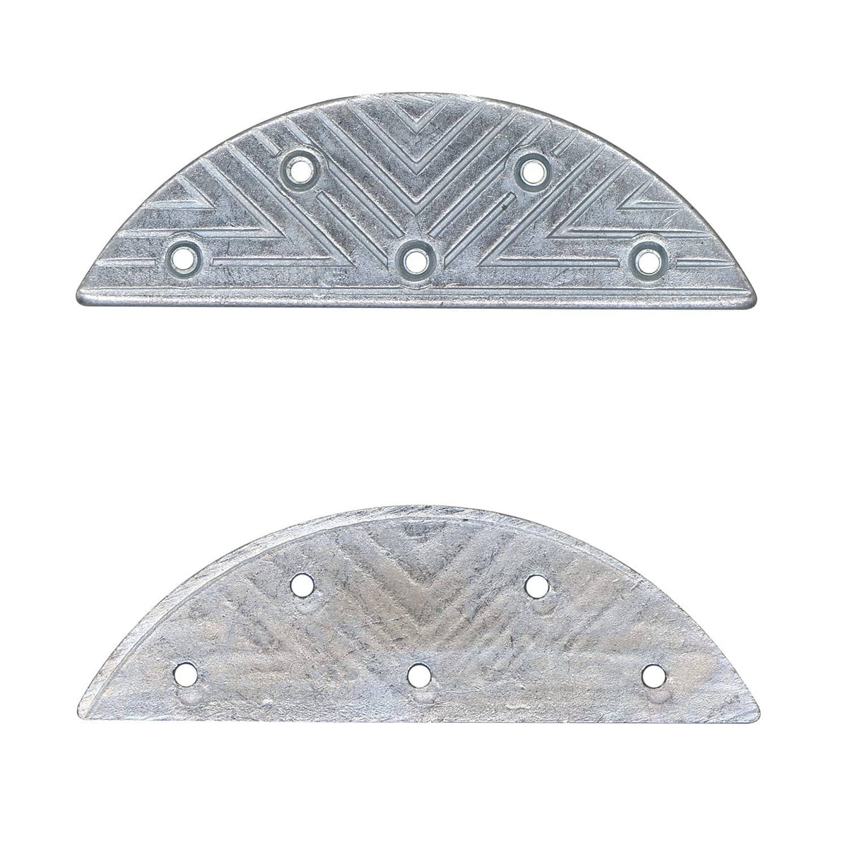 Metal half-heel plate with embossed pattern and screw holes for shoe repair