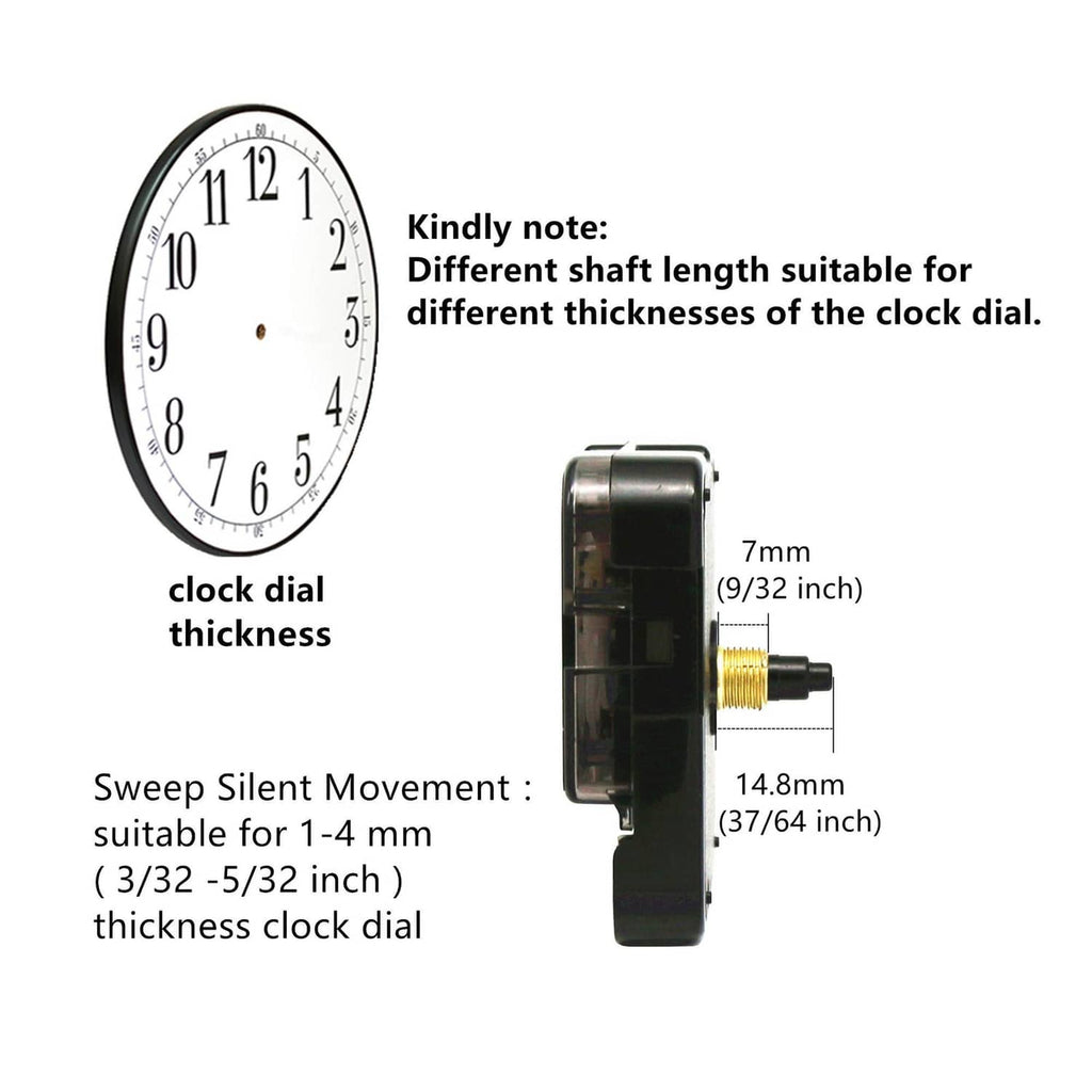 Sweep silent clock movement side view with 7mm and 14.8mm spindle dimensions