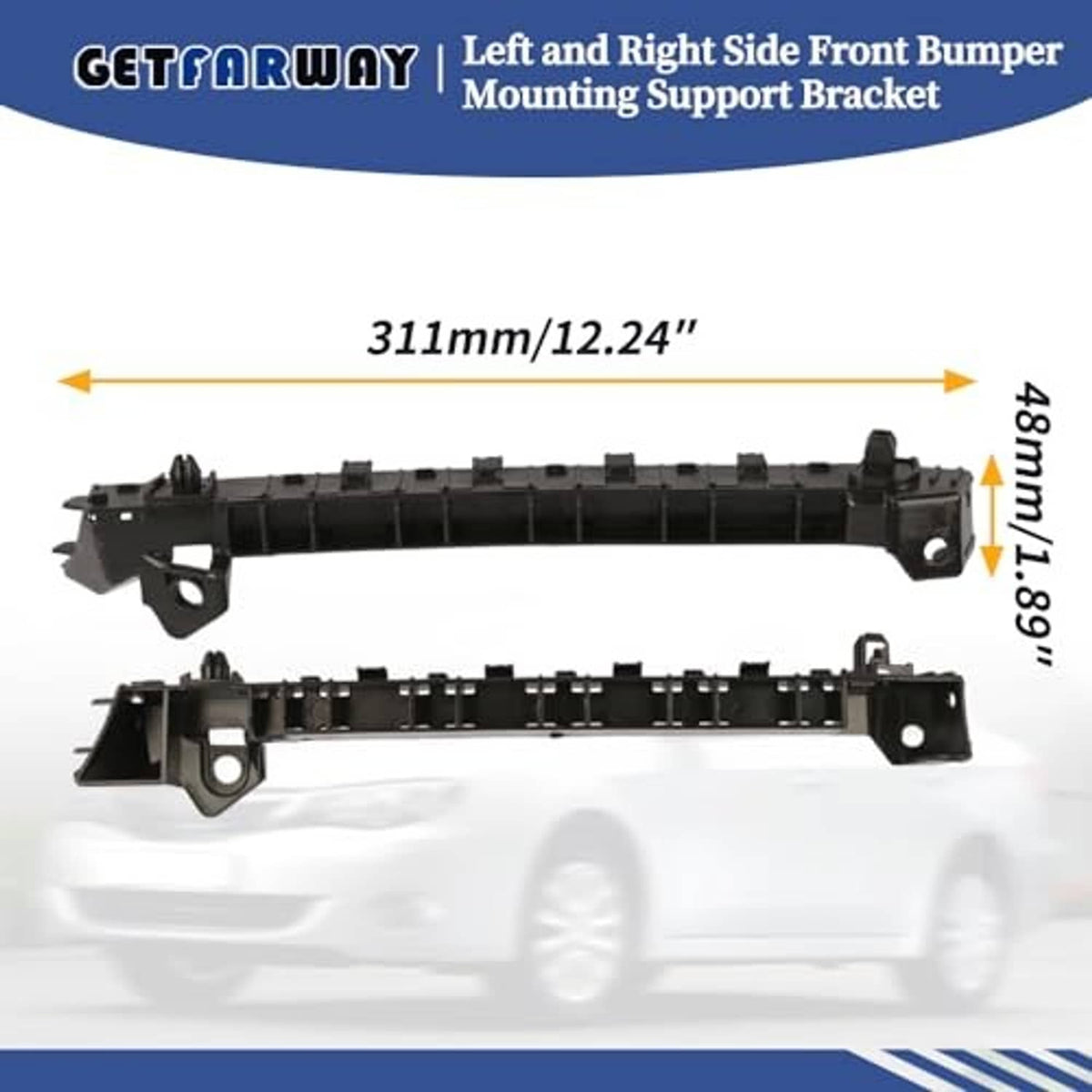 Black front bumper mounting support brackets with mounting tabs and bolt holes