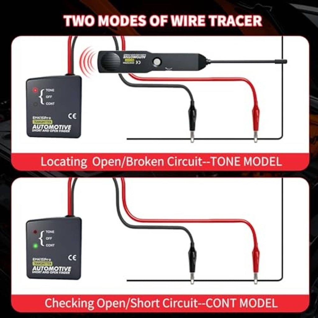 Automotive wire tracer two-mode diagram with probe, red/black leads, and receiver