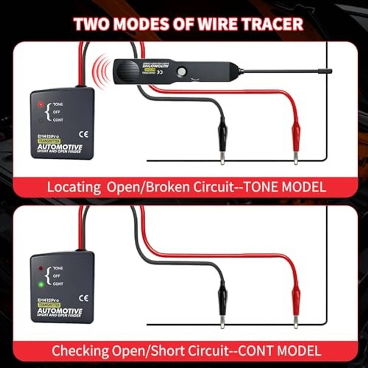 Automotive wire tracer two-mode diagram with probe, red/black leads, and receiver