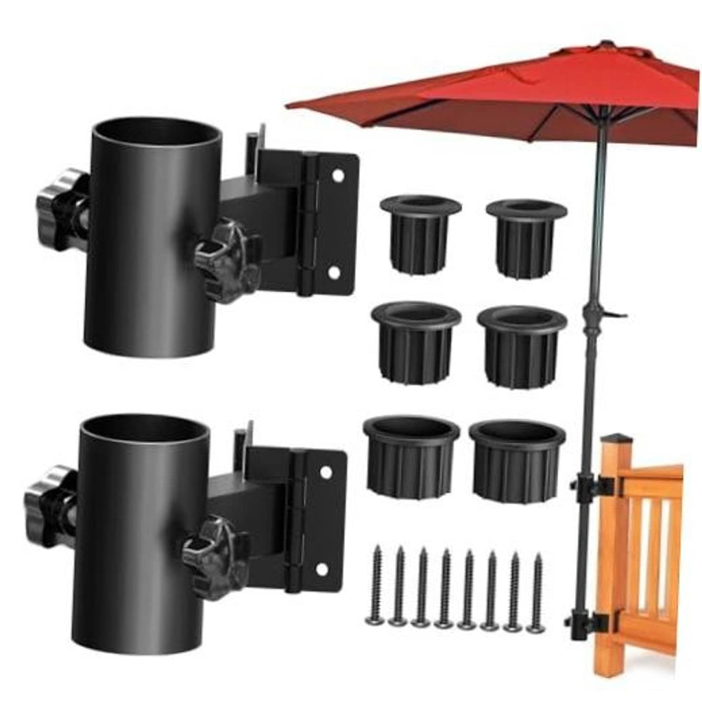 Black umbrella deck mount holder with mounting bracket, base tube, and screw set