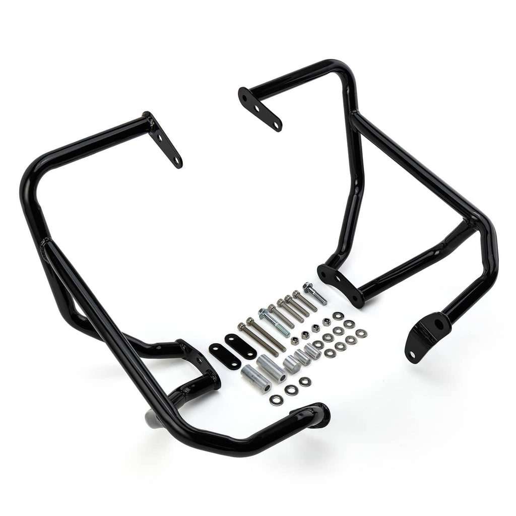 Black engine guard crash bar frames with mounting tabs and included fasteners