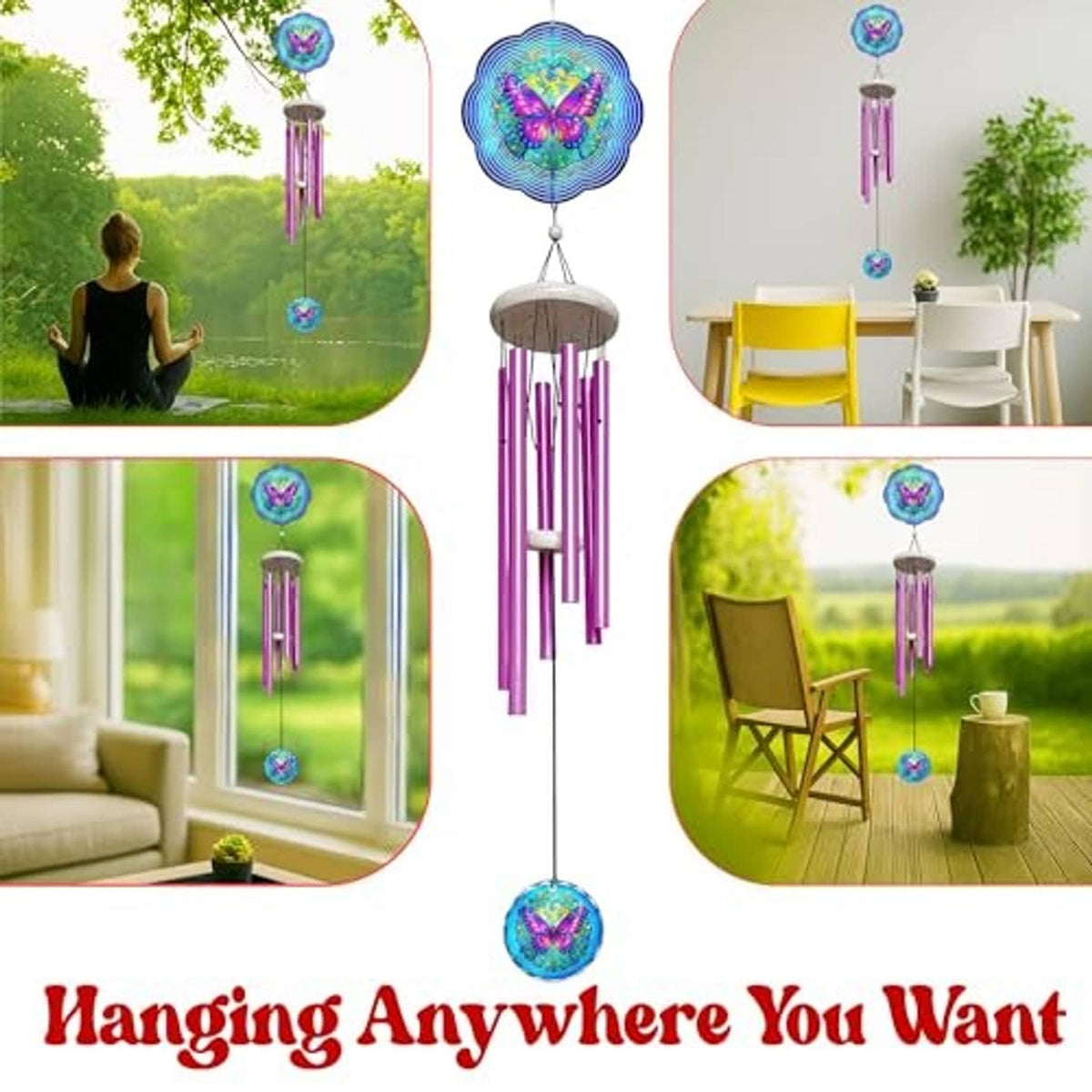 Purple butterfly wind chime spinner with blue top and multicolor hanging disk, shown in rooms