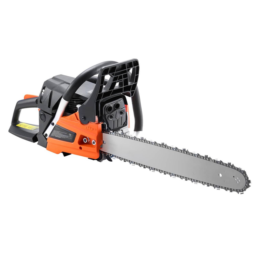 Orange and black gas chainsaw with 18-inch guide bar and cutting chain