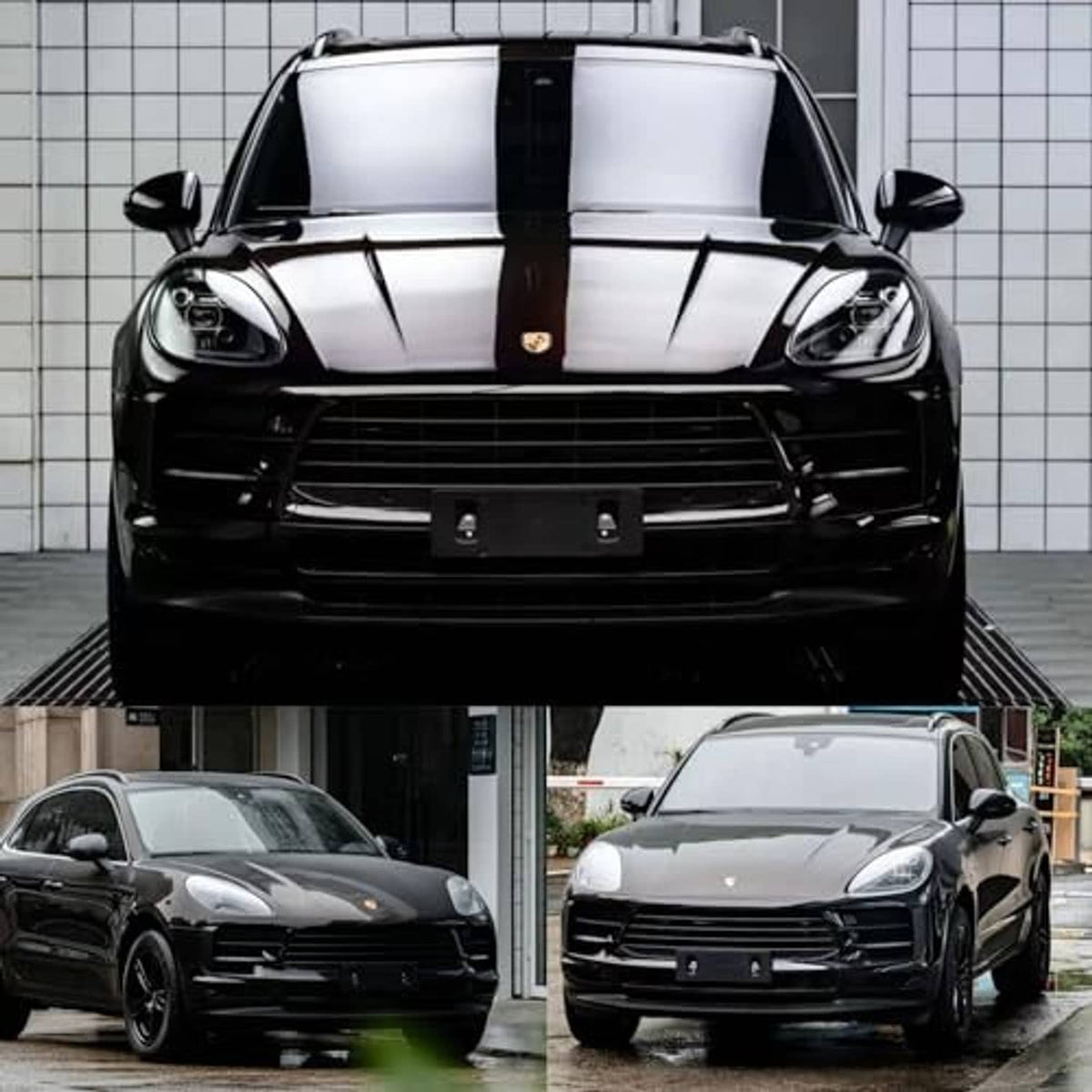 Gloss chrome black car wrap vinyl on sedan, studio front view and outdoor angles