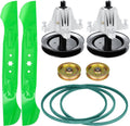 Deck rebuild kit with 2 green blades, 2 spindles, 2 idlers, and deck belt