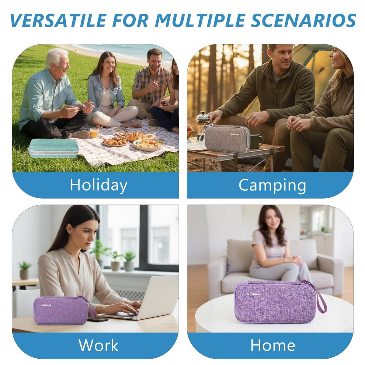 Purple insulin cooler travel case shown in four scenarios: holiday, camping, work, home