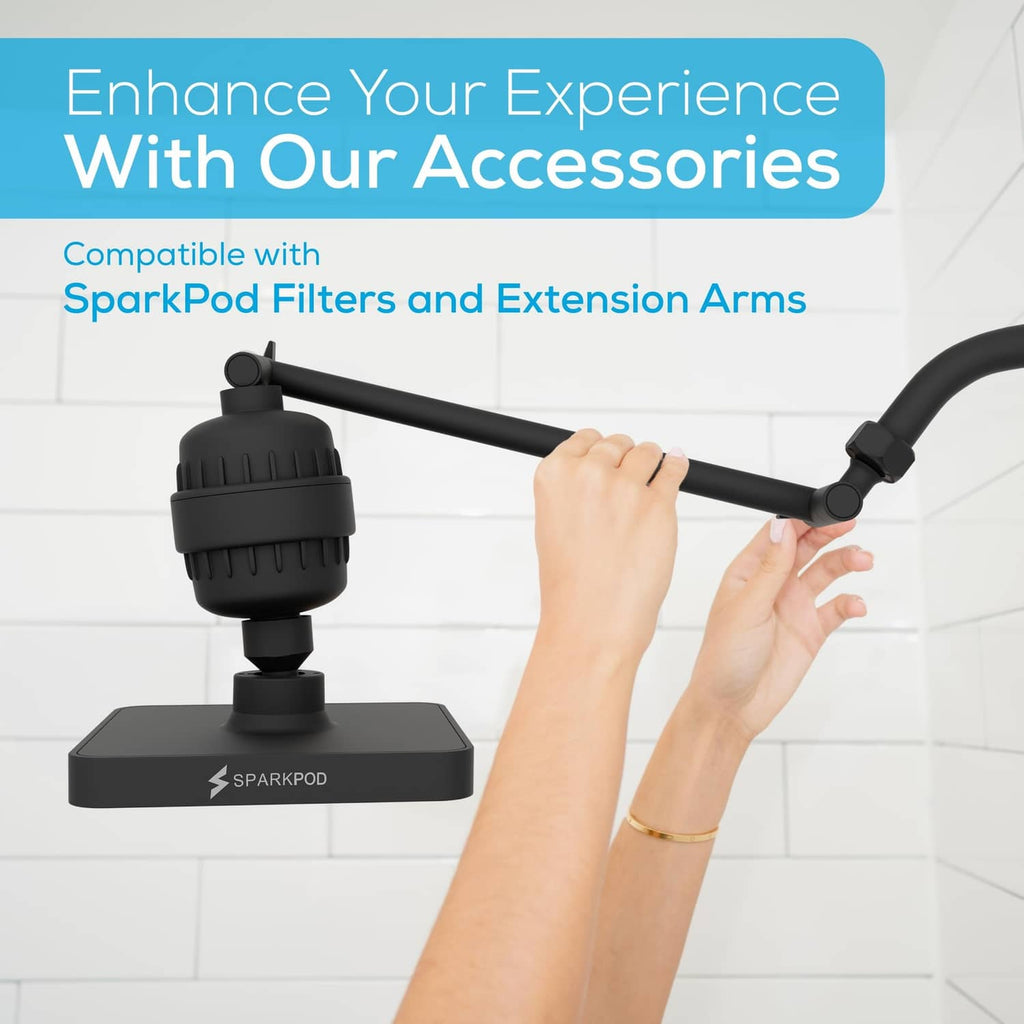 Black shower accessory set with filter housing and extension arm components