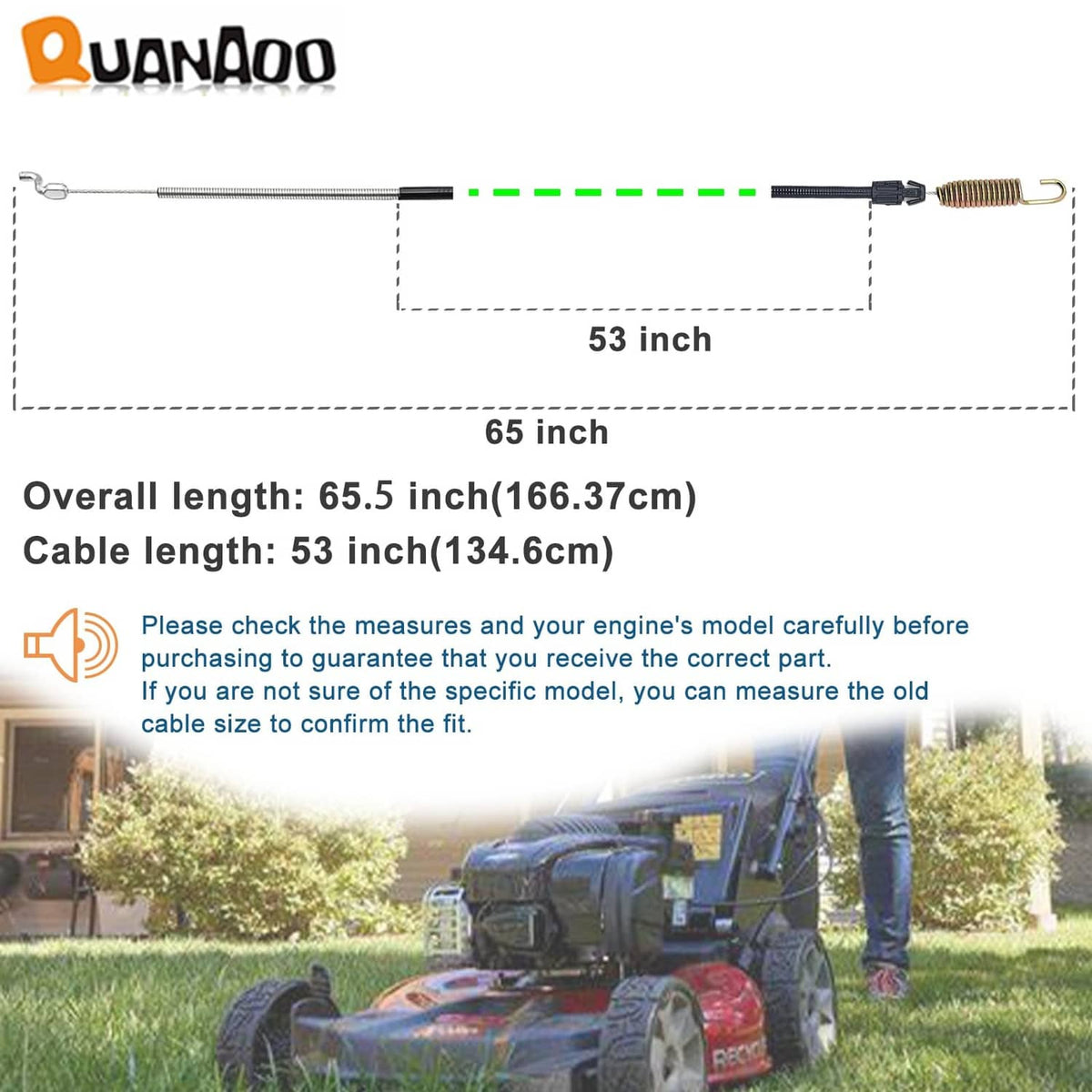 Black traction cable with spring tensioner; shows 53 in cable length and 65.5 in overall
