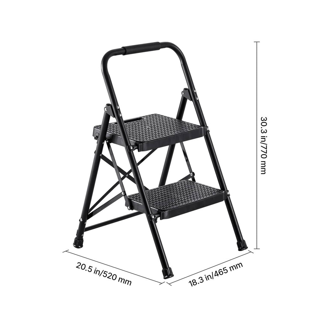 Black 2-step folding ladder with wide textured steps and top handrail, side view