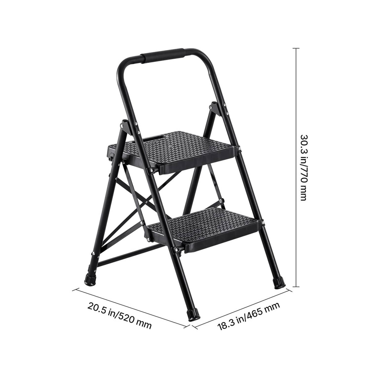 Black 2-step folding ladder with wide textured steps and top handrail, side view