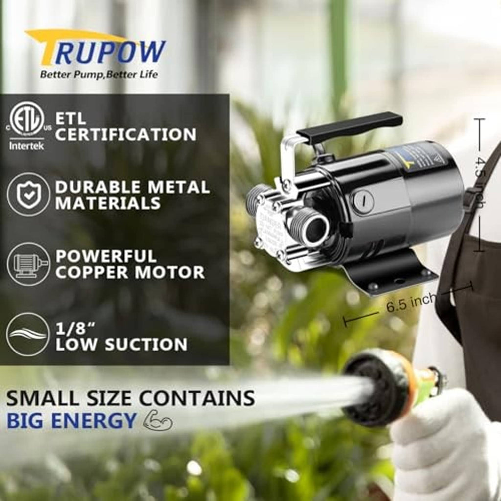 Trupow mini utility pump with black motor housing, inlet port, and metal mounting base