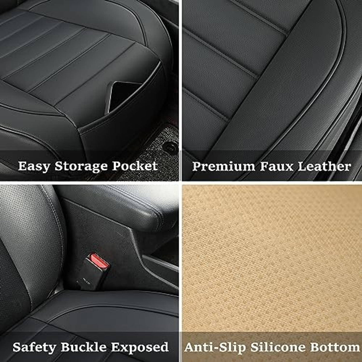 Black front seat bottom cover details: textured seat panels with side safety buckle cutout
