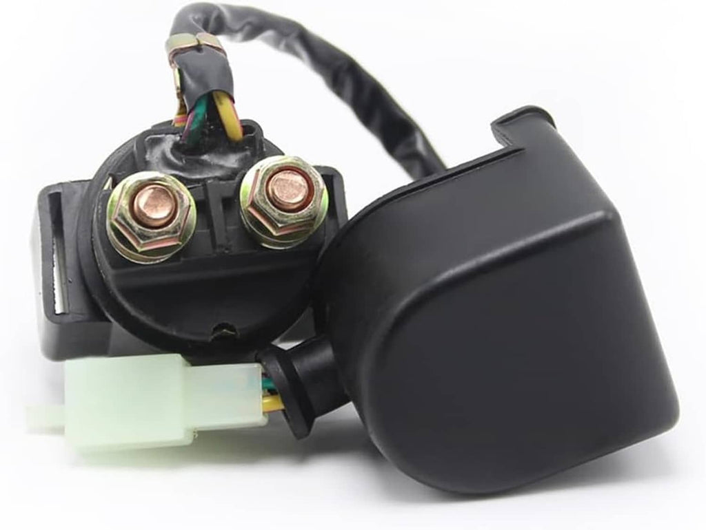 Black solenoid starter relay with wire harness, two brass posts, and white connector plug