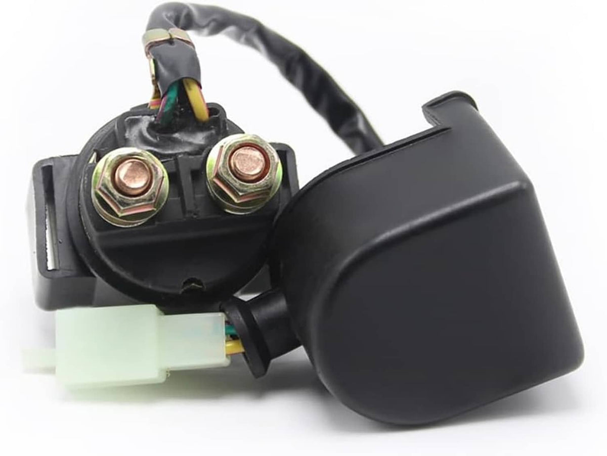 Black solenoid starter relay with wire harness, two brass posts, and white connector plug