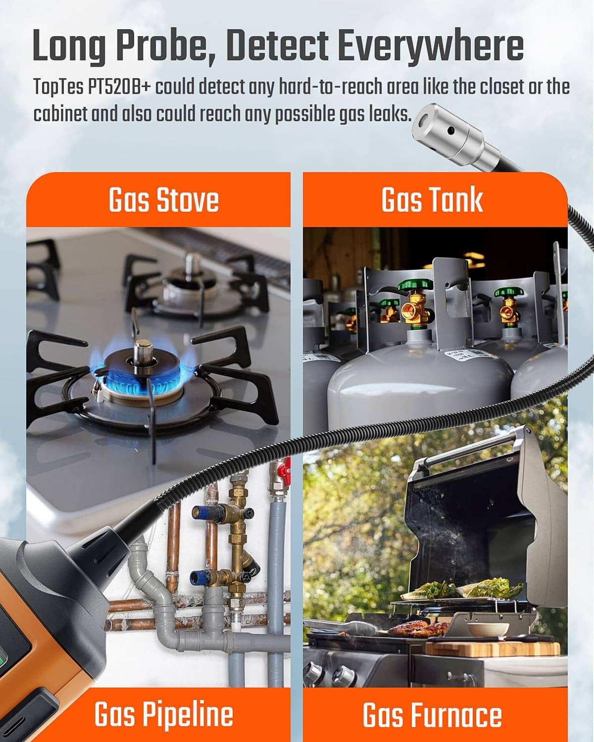Orange gas leak detector with extended probe for gas stove, tank, pipeline, and furnace