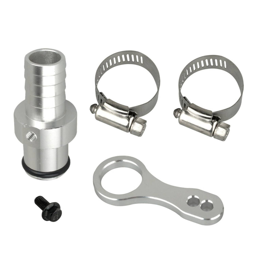 Metal hose barb adapter with two hose clamps, sealing O-ring and mounting bracket