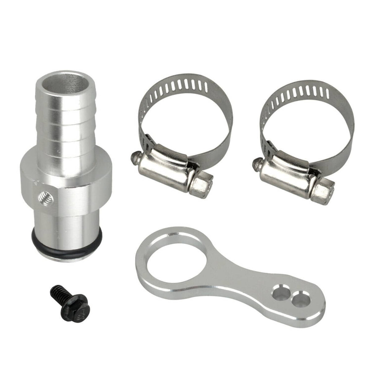 Metal hose barb adapter with two hose clamps, sealing O-ring and mounting bracket