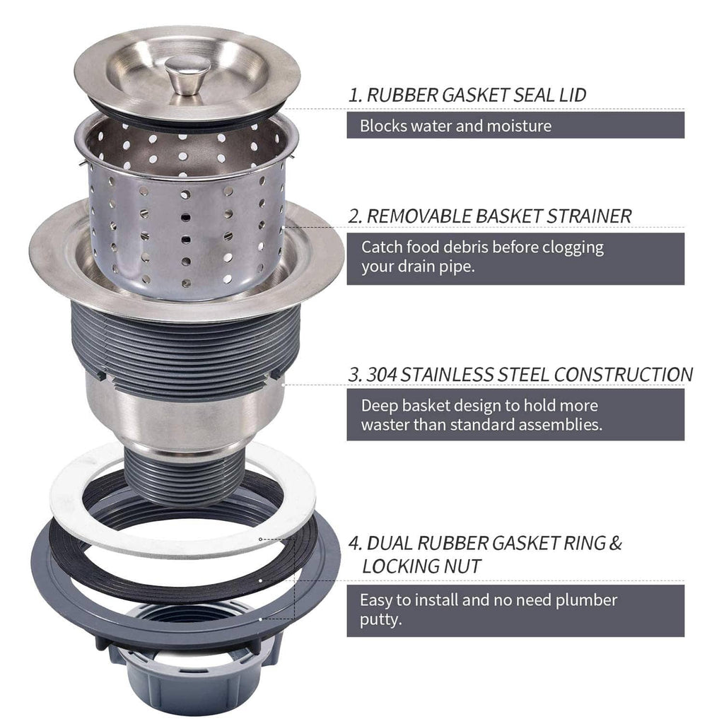 Sink drain assembly kit with removable basket strainer, seal rings, and stainless parts