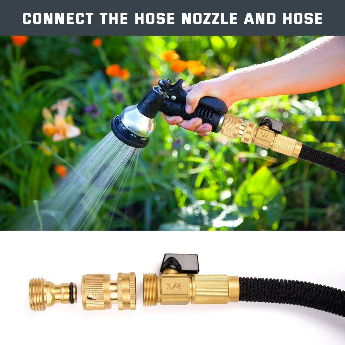 Brass quick-connect coupler attached to garden hose with threaded ends