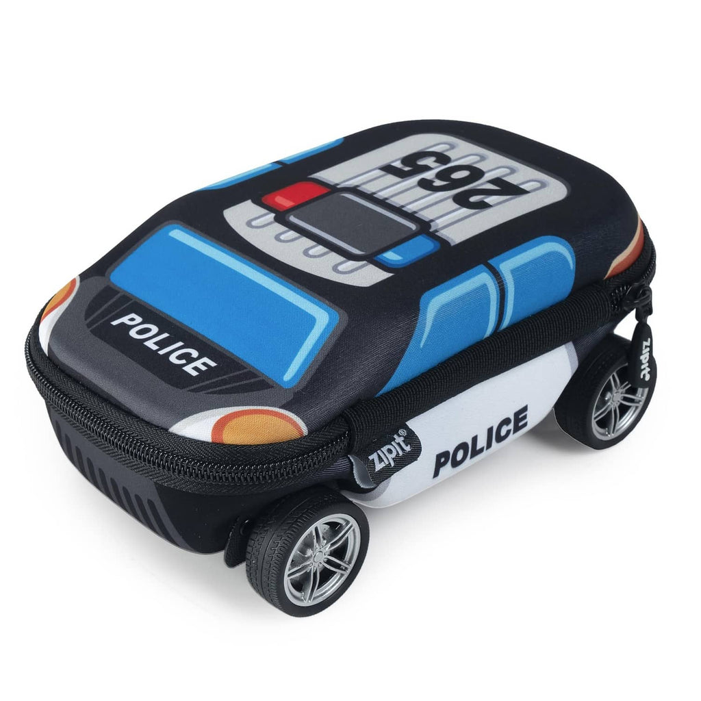 Blue police car pencil case with zipper and molded toy-car wheels, large size