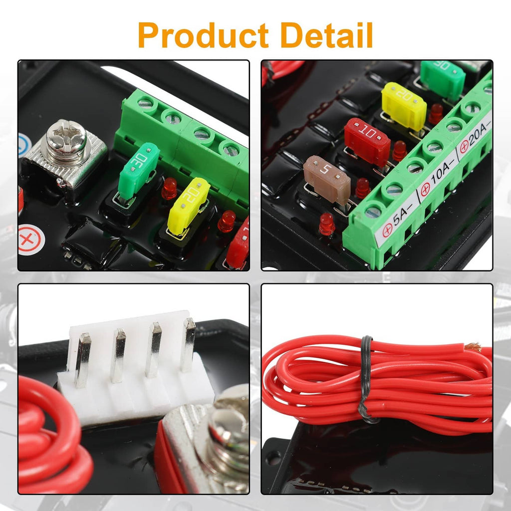 Black control board detail with green terminal block and colored blade fuses