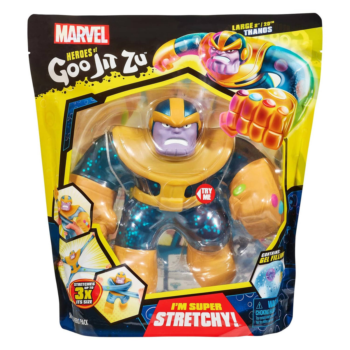 Thanos stretchy action figure in sealed blister pack, blue speckled suit, yellow gloves