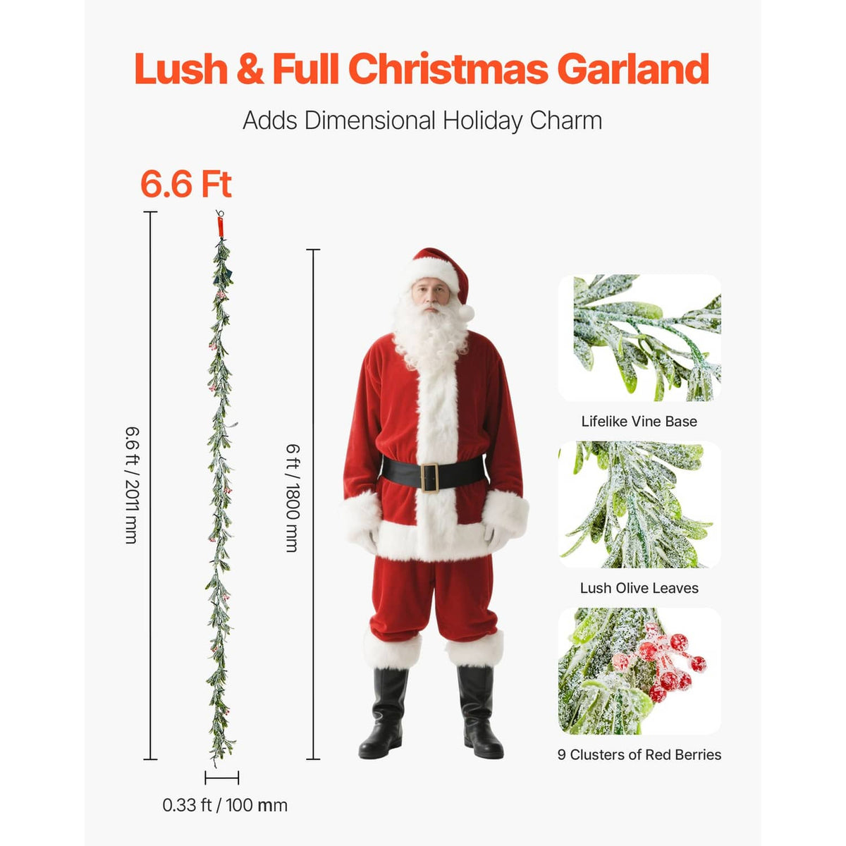 Olive vine Christmas garland with red berry clusters and LED light string, 6.6 ft length