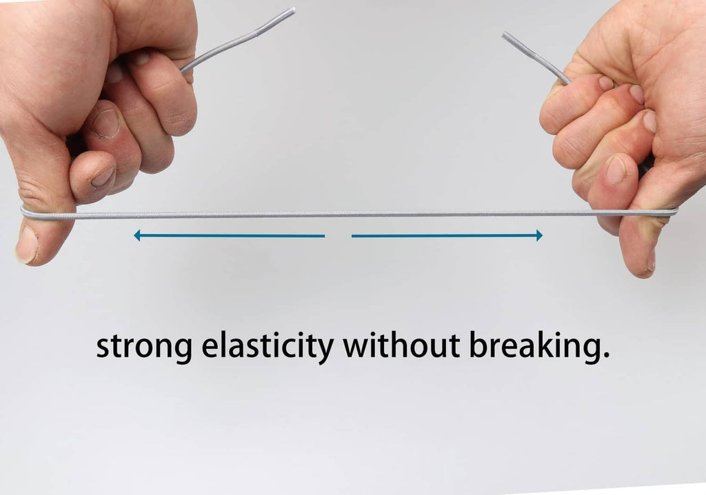 Elastic shoelace stretched between hands, showing long stretch without breaking