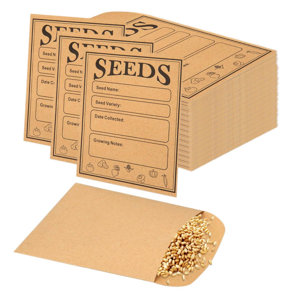 Set of seed saving envelopes in brown kraft with printed SEEDS label and form lines.