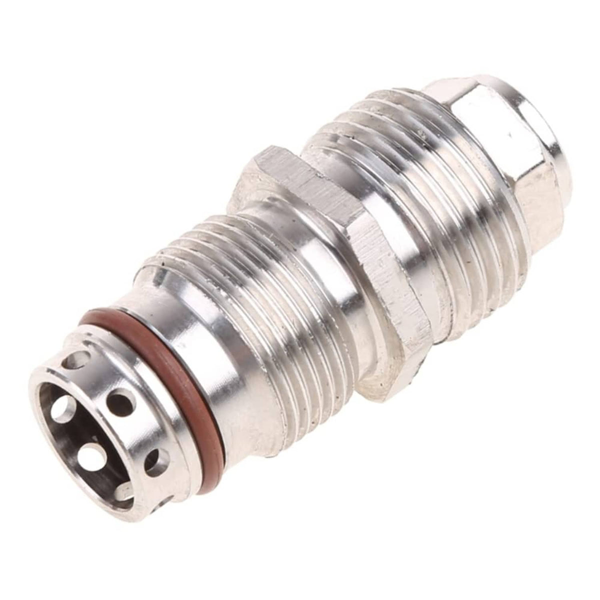 Stainless steel threaded replacement fitting with brown seal and front port holes
