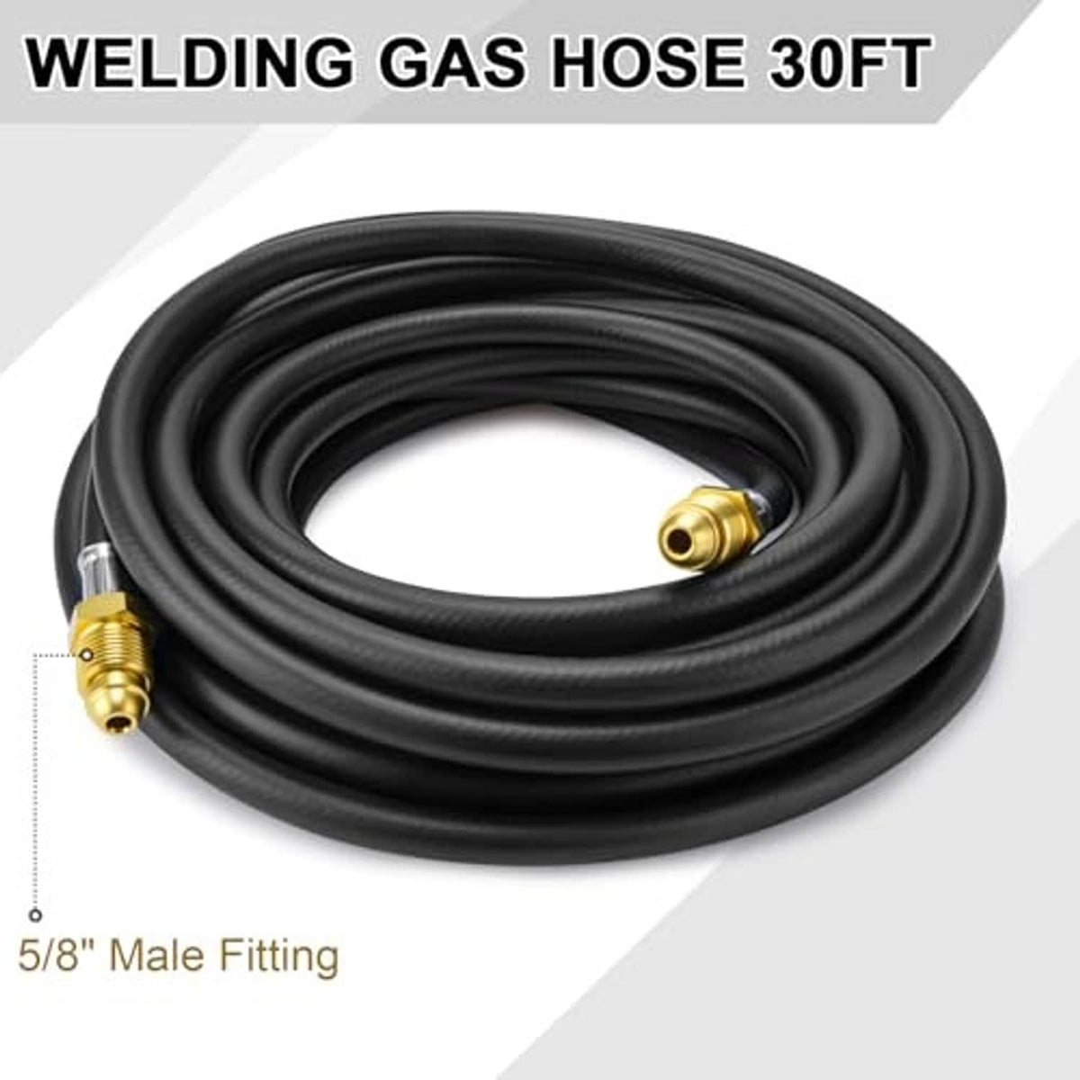 Coiled black welding gas hose with brass fittings at both ends