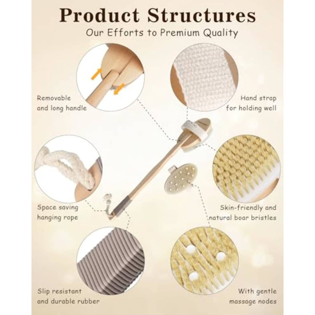 Body brush structure with removable long handle, hand strap, and gentle bristle pads