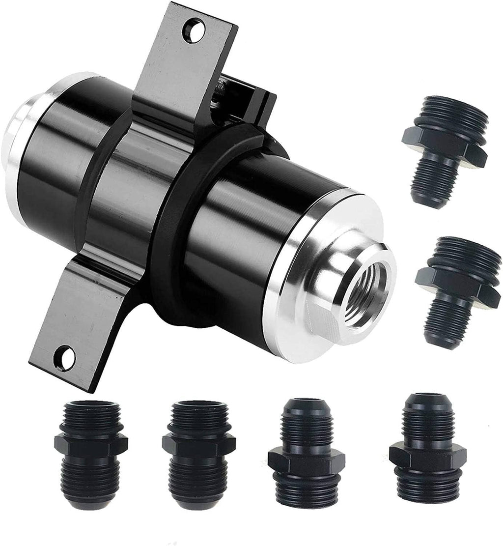 Billet inline fuel filter with mounting bracket and silver end fittings, side view