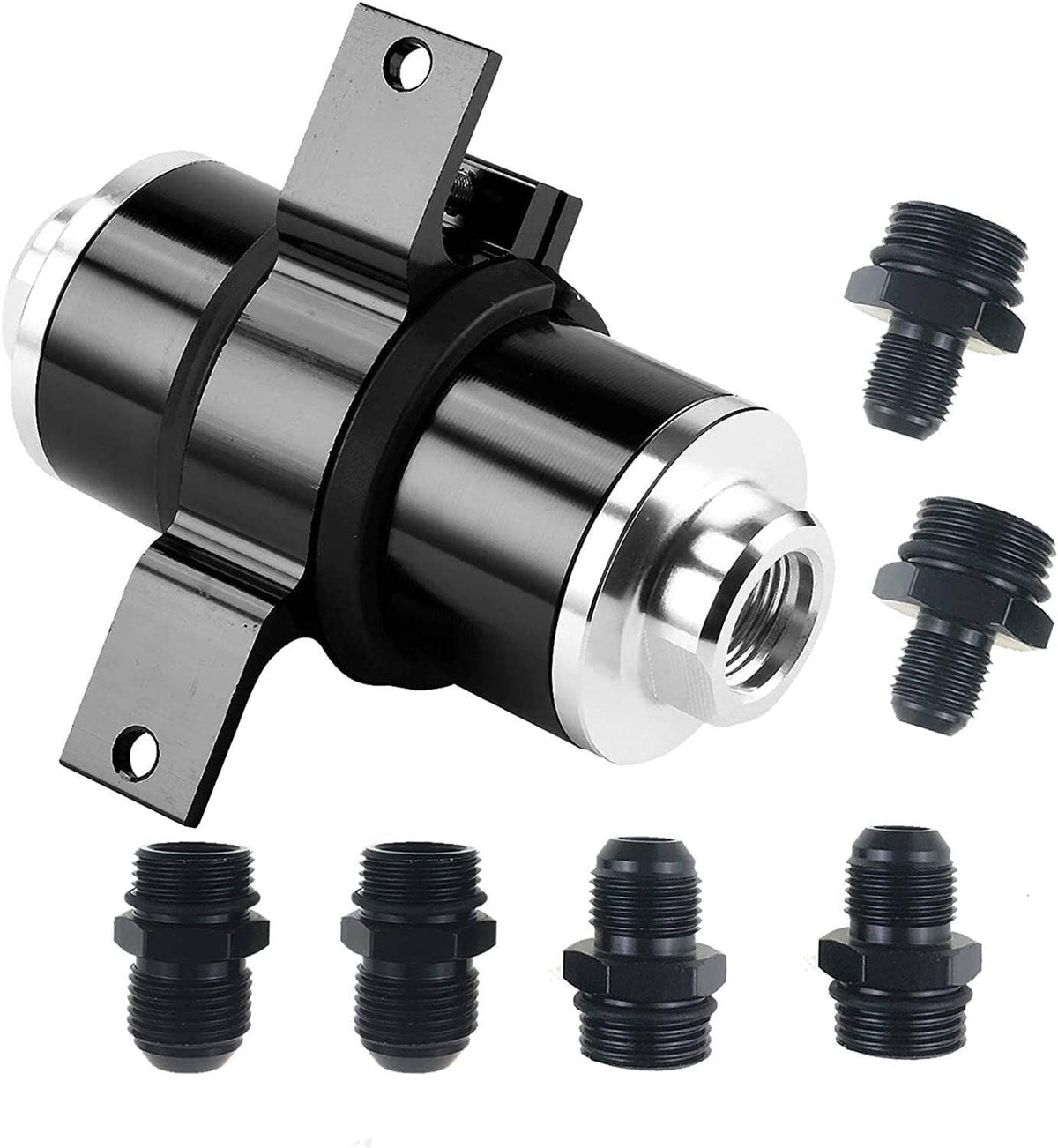 Billet inline fuel filter with mounting bracket and silver end fittings, side view