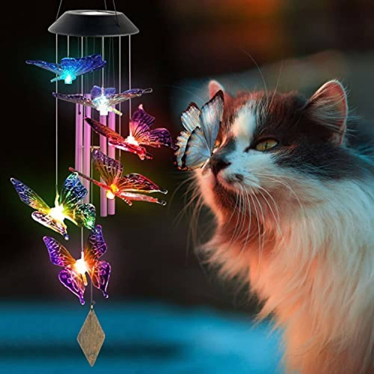 Butterfly solar wind chimes with multicolor LED butterflies and clear hanging tubes