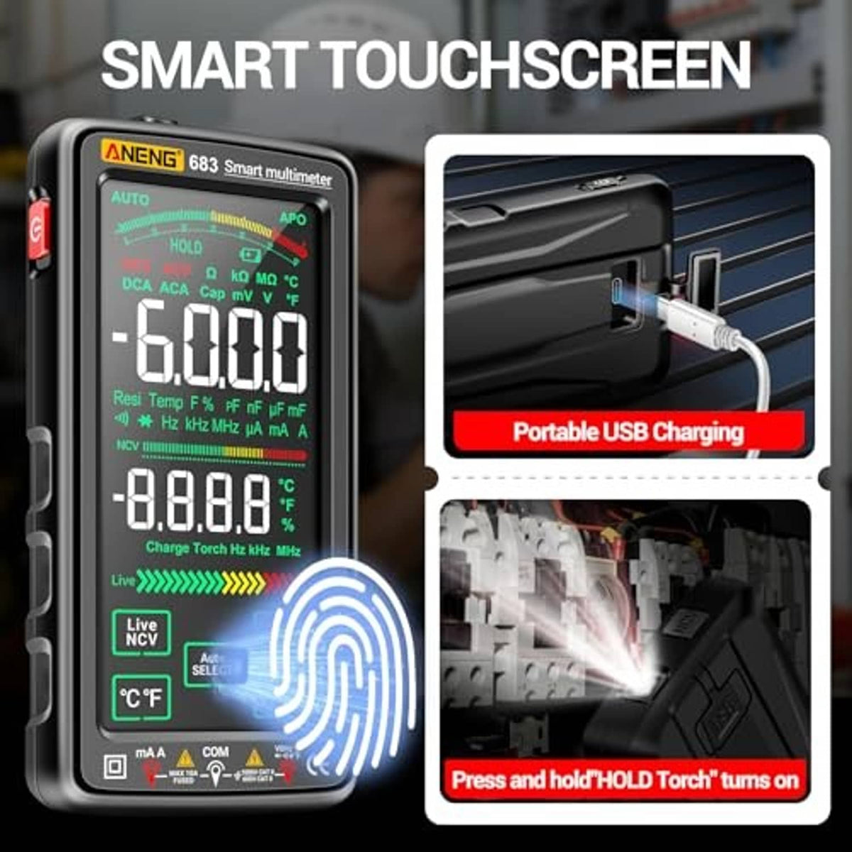 Black smart digital multimeter with touch-screen and visible display interface