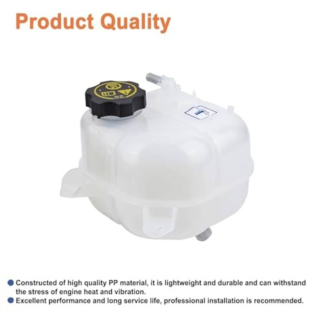 White coolant reservoir tank with black cap and molded compartments, angled view