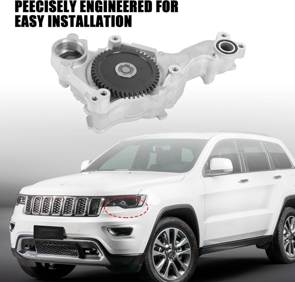 Engine oil pump with black gear wheel on silver housing, front wheel opening and bracket