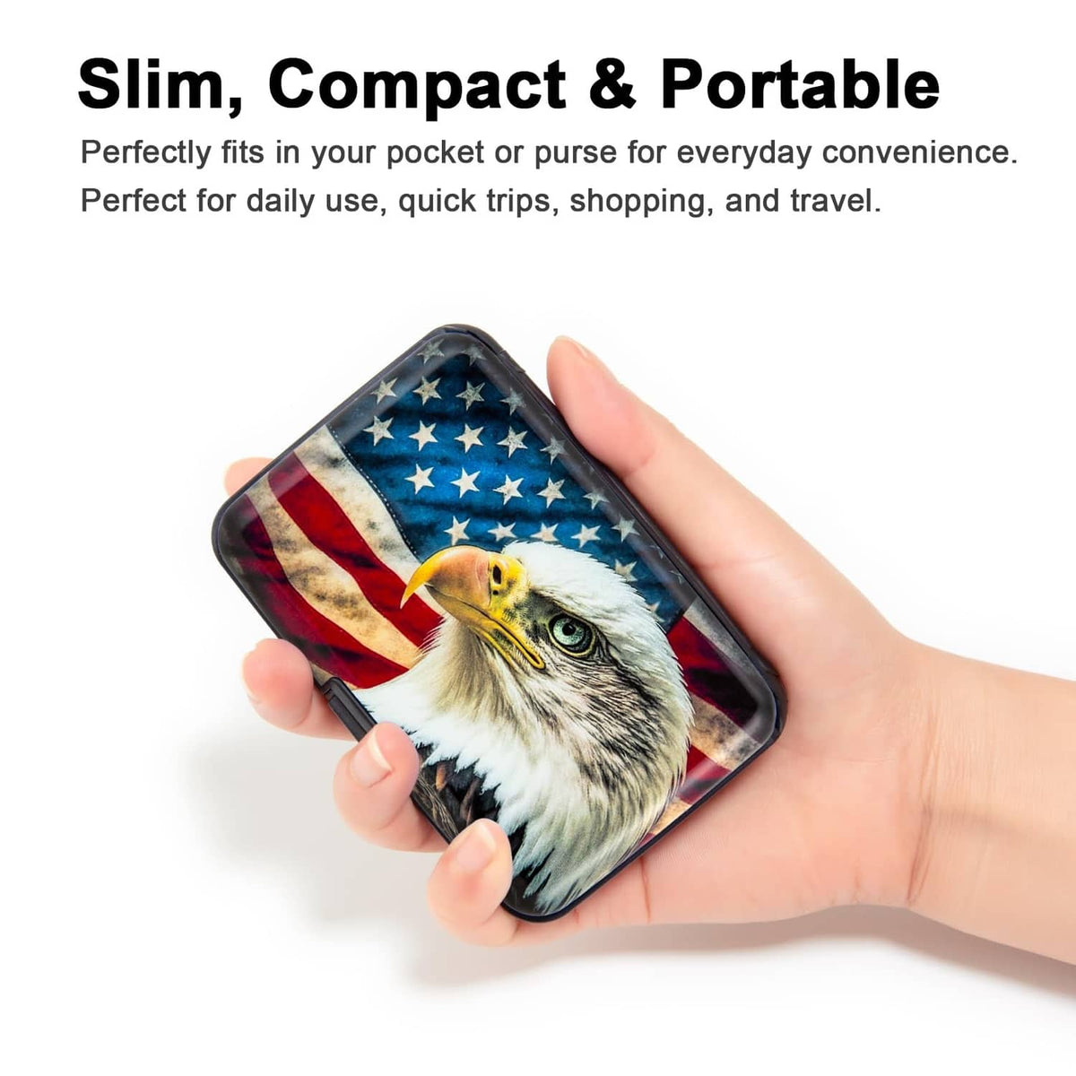 Slim pocket card holder with bald eagle and American flag print, held in hand