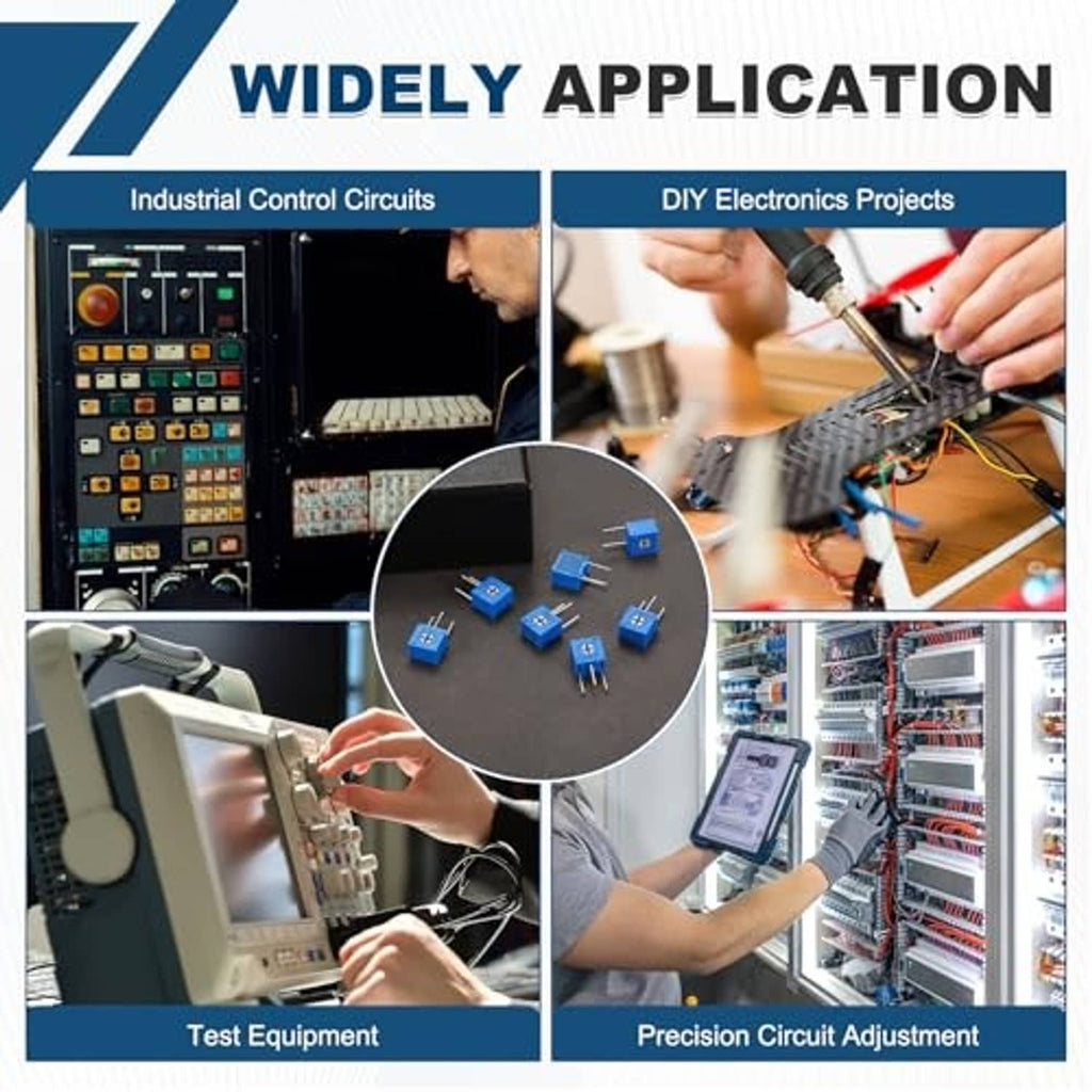 Blue trimmer potentiometers shown in use for electronics control and DIY projects.