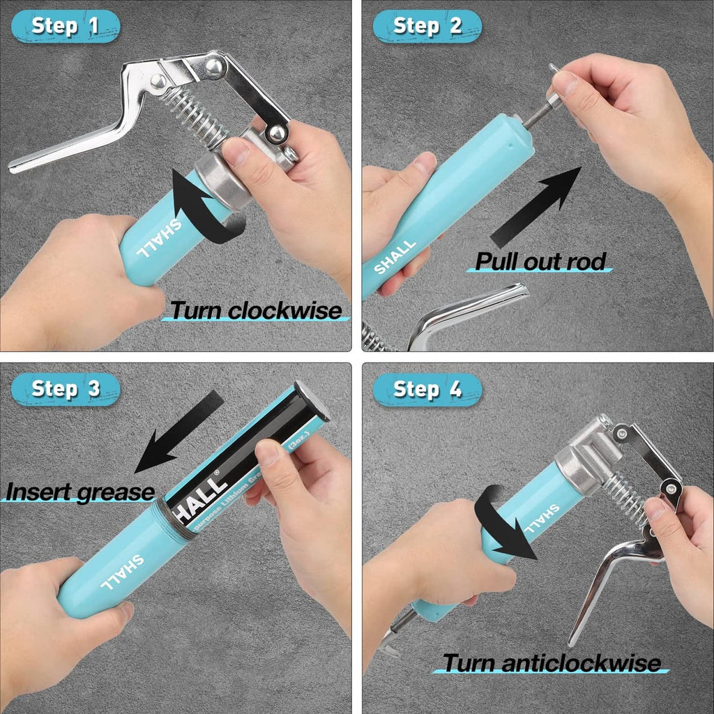Hands loading cartridge into mini grease gun, turning rod clockwise then inserting