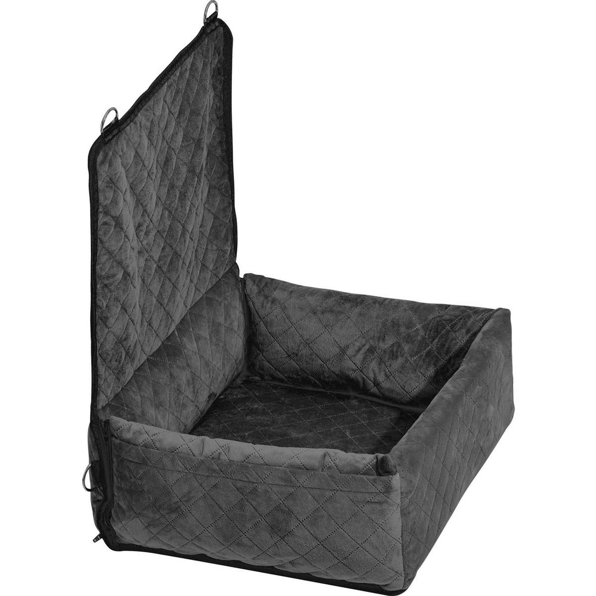 Black quilted dog booster car seat with tall backrest and padded sides, front opening