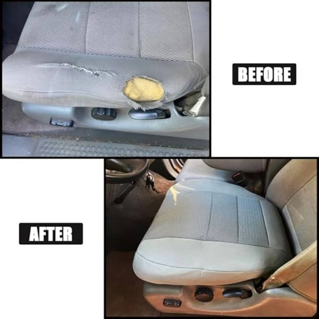 Flint gray cloth seat cover installed on a car front seat cushion with side controls