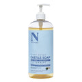 Plant-based castile liquid soap bottle with peppermint, pump dispenser, blue label.