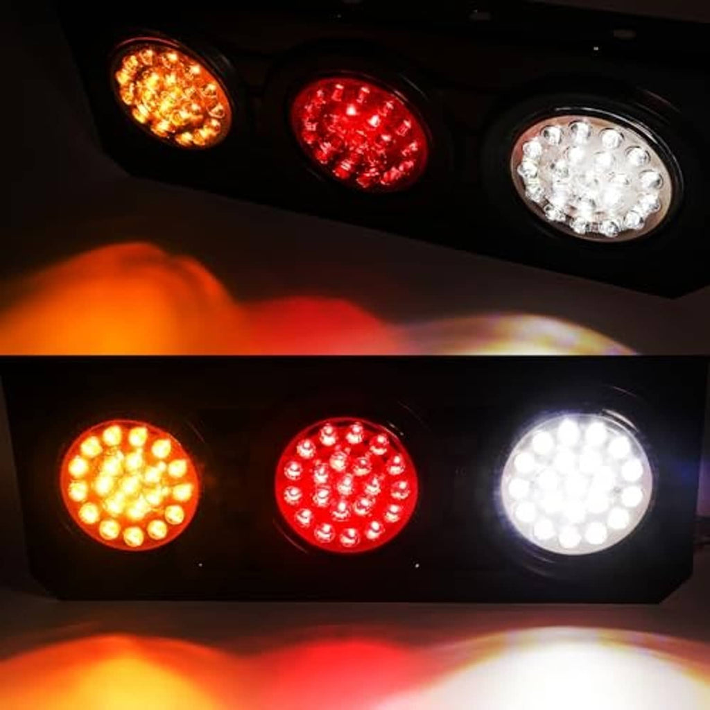 Close-up LED tail light bar showing amber, red, and white round LED clusters