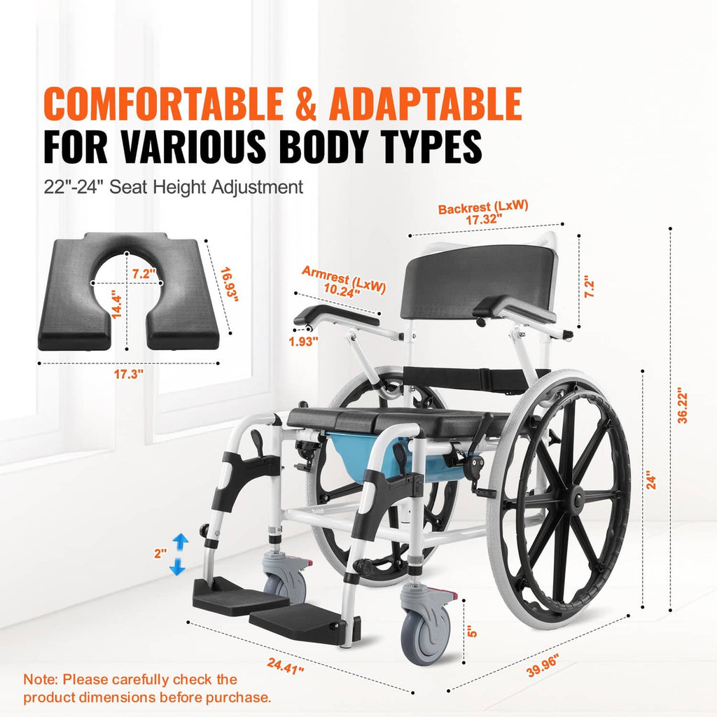 Shower wheelchair with adjustable seat and back, black cushions, white frame, front caster wheels